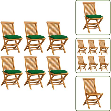 Gartenstühle mit Grünen Kissen 6 Stk. Massivholz Teak - Gartenstühle - Teakholzmöbel - Outdoormöbel - Esszimmerstühle - Klappstühle (1/5)