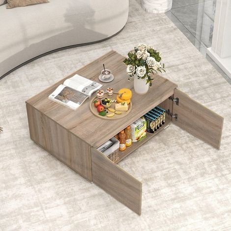 Table basse couleur chêne rectangulaire avec rangement, 4 portes à double ouverture et pieds antidérapants pour salon et séjour (1/5)
