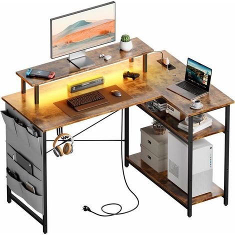 EcoFurnix Eckschreibtisch mit Stauraum, 110 x 80 cm Gaming-Schreibtisch mit LED, mit Monitorhalterung, für Arbeit und Schlafzimmer, Braun