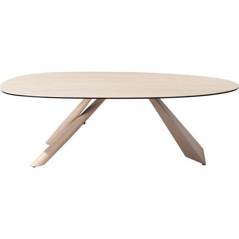 Table basse ovale en céramique effet Travertin et piètement beige 120x72 cm - Tundra
