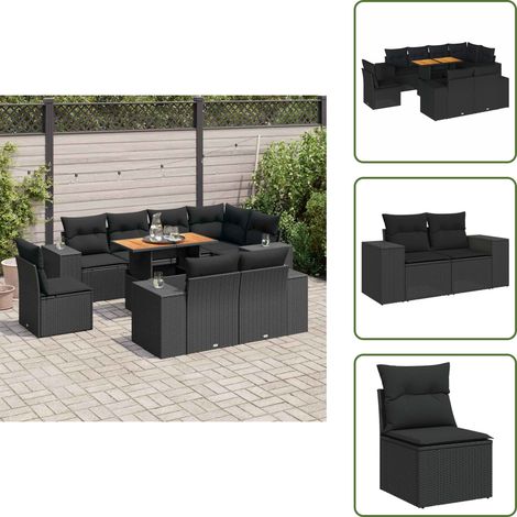 The Living Store Set Divani da Giardino 9 pz con Cuscini Nero in Polyrattan - Sedute angolari