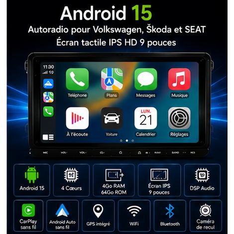Autoradio Android 15 pour VW Seat Skoda 9 Pouces CarPlay Sans Fil GPS 4Go 64Go (1/5)