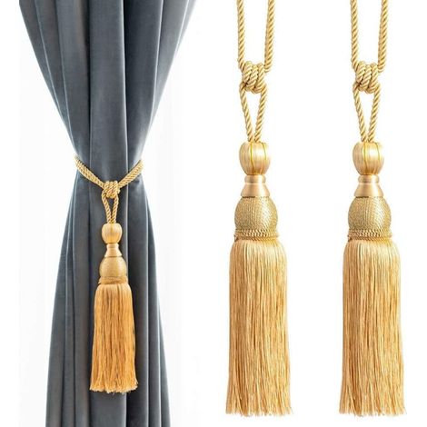 Or, 1 paire de 2 attaches de rideaux avec cordon, pompon et boule