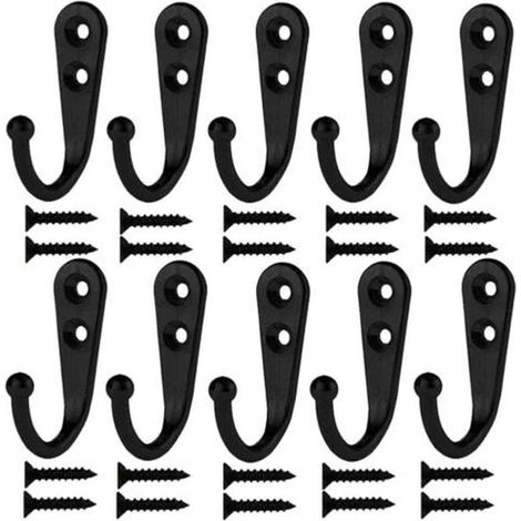 Lot de 10 crochets muraux industriels avec vis - Crochets noirs - Patères pour vêtements, serviettes et clés - Porte-manteaux mural - Fixation robuste (1/2)