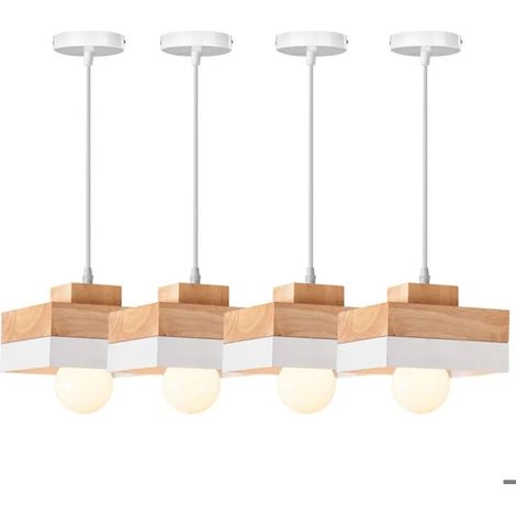 4x Suspension Lustre Moderneen Carre,E27 Lampe de Plafond Vintage Abat-jour en Bois Metal Lustre Suspension Industriel,18x18cm (1/5)