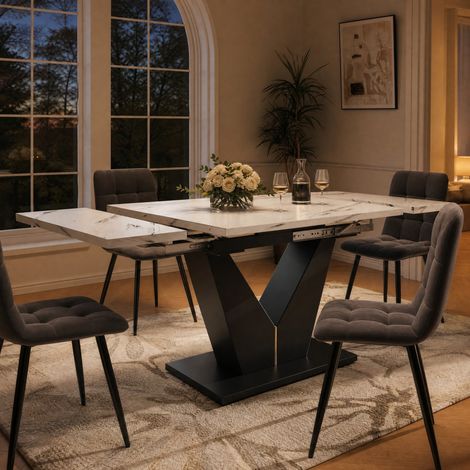 DESMIU Table de salle à manger extensible avec pieds en V et rails métalliques, plateau effet marbre, MDF, blanc et noir (1/5)