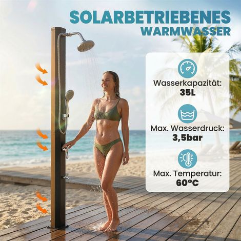 Douche solaire extérieur 35 litres avec protection contre le gel, pommeau orientable effet pluie, mitigeur, adaptateur pour flexible d'arrosage (1/4)