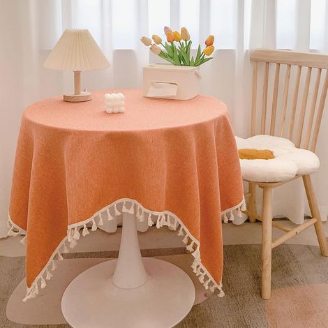 Tischdecke aus Baumwolle und Leinen mit Quasten für runden Esstisch 120 x 120 cm – orange (1/5)