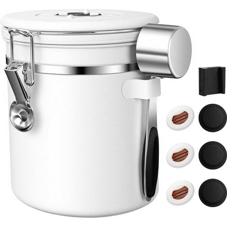 Pot à café hermétique, conteneur à café en acier inoxydable, conteneur de stockage de grains de café avec cuillère, pot à café pour grains, café moulu, sucre, farine, thé, céréales, 16OZ, Blanc (1/4)