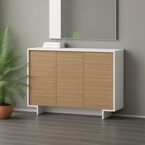 Dmora - Aparador Aneto, Aparador de salón, Buffet de salón con 3 puertas y 1 cajón, 100% Made in Italy, 134x35h87 cm, Blanco y Roble, con embalaje reforzado (1/5)