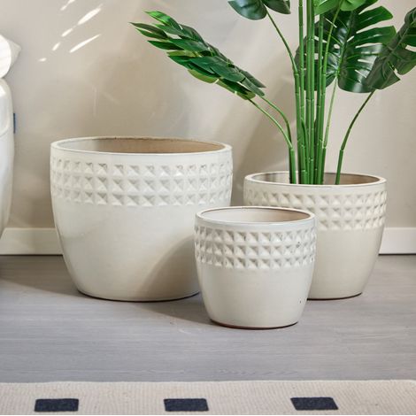 Set de 3 macetas de cerámica crema Ø38/30,5/23 cm con drenaje para salón y jardín FloraGrace (1/5)