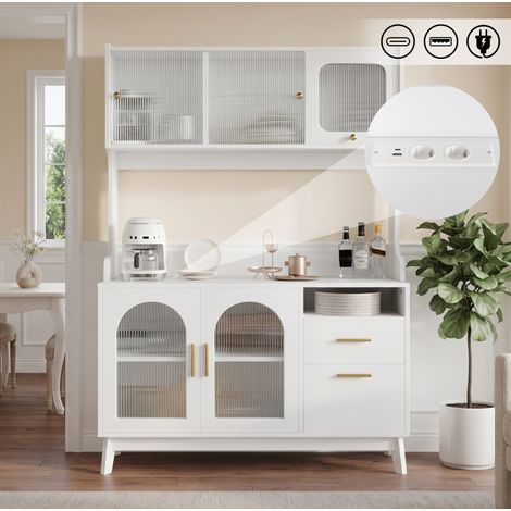 Aparador buffet 120 x 40 x 178 cm con 2 enchufes, USB-A y USB-C, blanco HAVRYA (1/5)