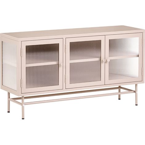 3 Door Sideboard Beige Steel Fluted Tempered Glass Adjustable Shelves Leg Caps Living Room Furniture Modern Industrial Design DEVON (1/5)