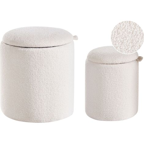Set di 2 Pouf Contenitori Boucle Rotondi Imbottiti Morbidi Tessuto Bianco Sporco Berea (1/5)