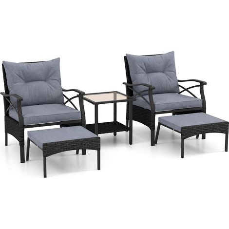Set da patio in vimini da 5 pezzi con pouf, grigio
