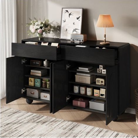 Buffet 140x38x89cm, noir 4 portes et 2 tiroirs - Buffet salon - Portes incurvées, étagères réglables, pieds en métal, coins arrondis (1/5)
