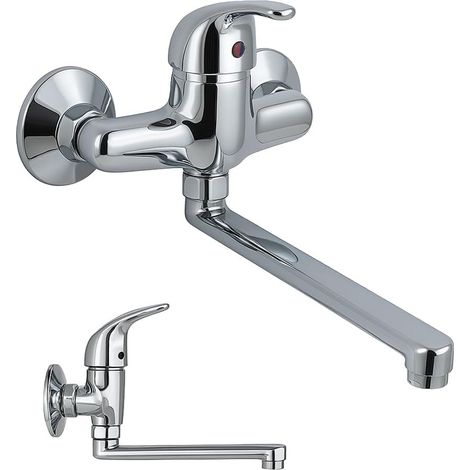 Robinet mural pour évier avec distribution orientable à 360° Mélangeur chromé brillant en acier inoxydable (1/5)