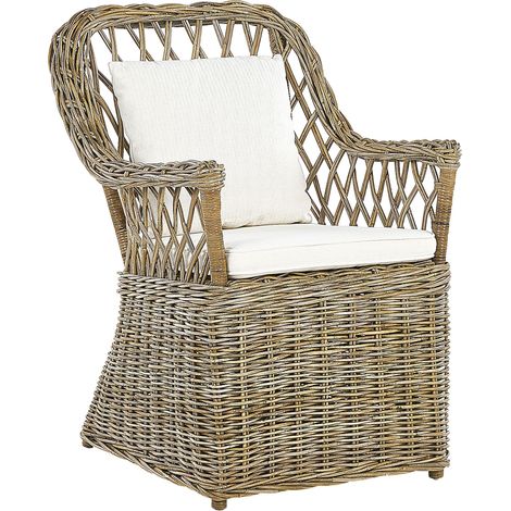 Poltrona da giardino in rattan naturale con cuscini in cotone bianco Maros