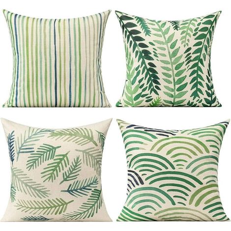 Coussin de terrasse extérieur 18x18 cm, lot de 4 housses vertes pour mobilier de jardin, décoration estivale tropicale, oreillers décoratifs pour banc et porche, motif forêt exotique (1/5)
