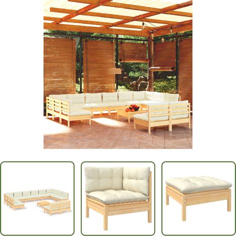 Terrassensofa -  13-tlg. Garten-Lounge-Set mit Creme Kissen Massivholz Kiefer (1/5)