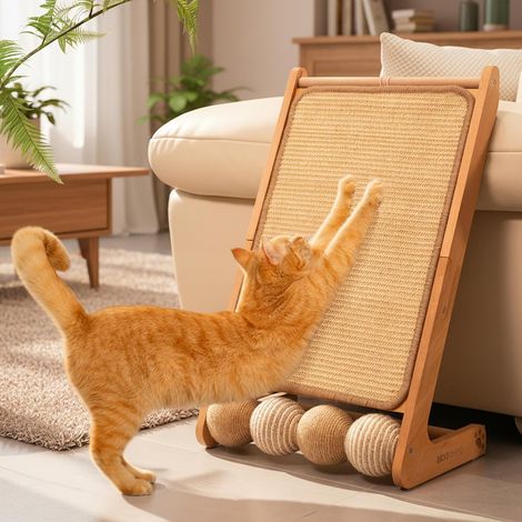 Grand griffoir chat - Meuble à chat en bois et sisal en forme de L - Avec balle de jeu - Pas de copeaux de carton - Arbre à chat stable - Protection de meubles pour canapé et mur - 61,5 x 37 (1/5)