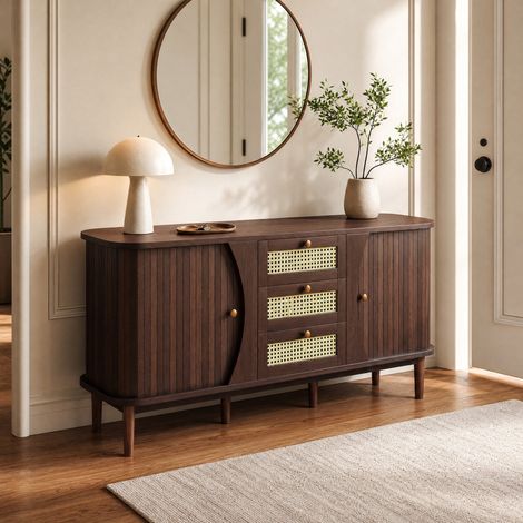Credenza con porte scorrevoli, 3 cassetti in rattan, ripiani regolabili, 140,5 cm HAVRYA (1/5)