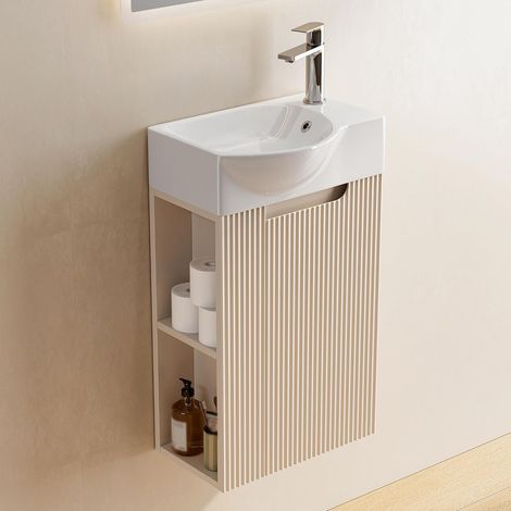 HOROW Waschbeckenunterschrank 40 cm mit Waschbecken und Seitenregal – Wandhängend, Warmweiß (1/5)