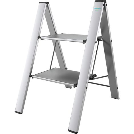 Colombo Scala Pieghevole in Alluminio Leonardo  Scala 2 Gradini Silver, Robusta con Gradini Extra Large 33x26cm Antiscivolo, Design Moderno  Portata 150kg  Conforme EN131 TÜV-GS  Made in Italy (1/4)