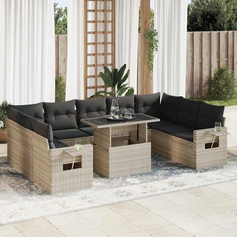 Set sofás jardín 10 pzas con cojines ratán sintético gris claro vidaXL (1/5)