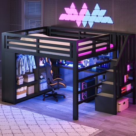 Letto a soppalco gaming 140x200 cm nero in metallo con scrivania, LED e armadio aperto (1/5)