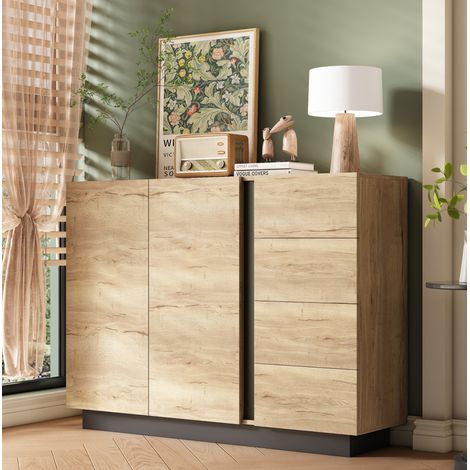 Sideboard 120 x 35,5 x 90,5 cm, 4 Schubladen, 2 Türen, schwarz und Naturholz OKMYHOME (1/5)