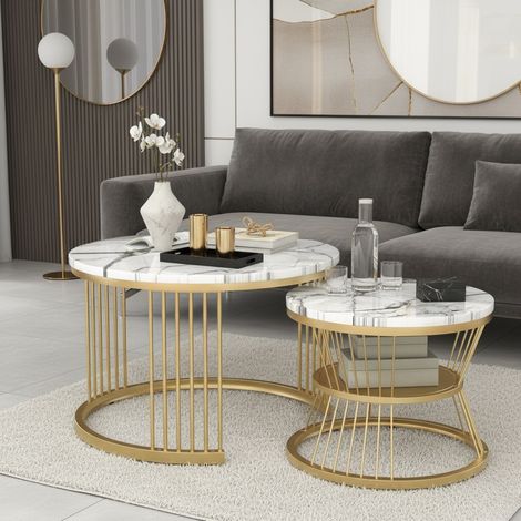 Tavolini da salotto rotondi, set di 2 tavolini Ø70/45 cm, tavolini da divano con vano contenitore, struttura in metallo, stile moderno chic, Bianco