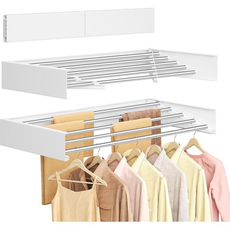 Étendoir à Linge Mural Rabattable, Longueur 80 cm, 5 Barres en Alliage d'Aluminium, Séchoir Pliable, Gabarit de Perçage, Gain de Place, Intérieur, Extérieur, Buanderie, Blanc Mat (1/5)