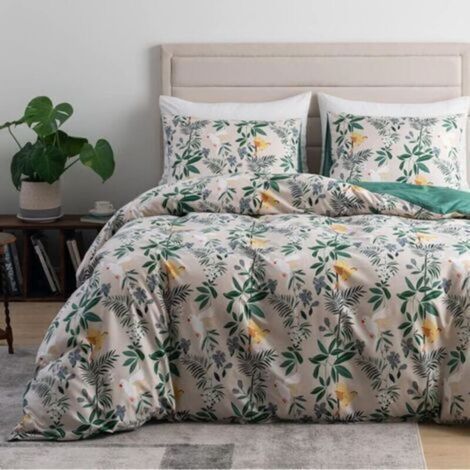 Funda nórdica de 240x260cm, color beige, estampado de hojas verdes, diseño botánico floral, juego de ropa de cama de microfibra con cremallera - Reversible, para adultos, incluye 2 fundas de almohada