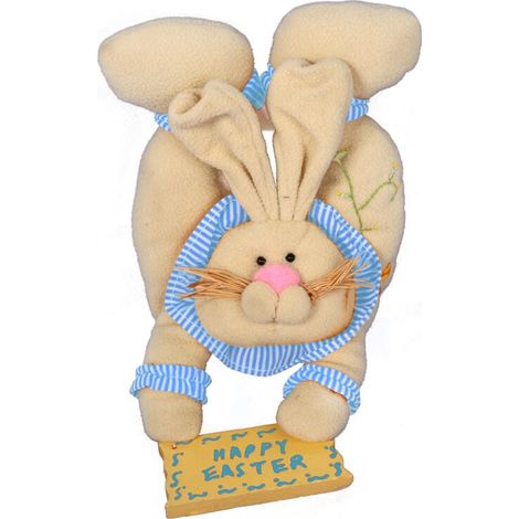 Coniglietto pasquale di peluche con cartello in legno - Decorazione da appendere alla porta, blu, 38 cm (1/2)
