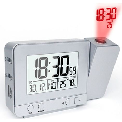 RHG Horloge Réveil numérique à projection pour chambres à coucher, grand réveil avec projection au plafond avec port USB, batterie de secours, projecteur 180 °, écran LED, argent (1/4)