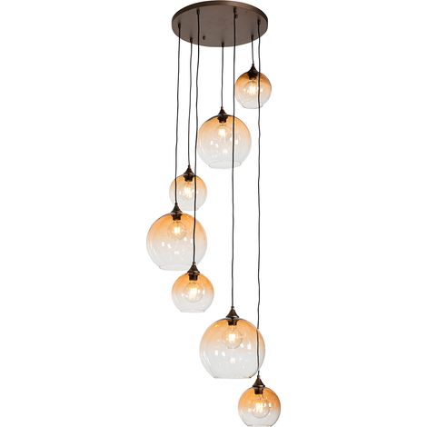 Smarte Pendelleuchte Dunkelbronze mit bernsteinfarbenem Glas 7-flammig inkl. 7 Wifi A60 - Sandra