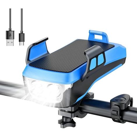(Azul) Tira de luces para bicicleta 4 en 1 con soporte para teléfono: integra faro LED, batería externa y altavoz. (1/4)