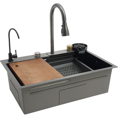 Évier de cuisine, design de cascade multifonctionnel, drainage efficace, Gris (1/2)