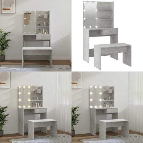 Schminktisch-Set mit LED Betongrau Holzwerkstoff - Schminktisch - Kosmetiktisch - Schreibtisch - Makeup Tisch - LED Beleuchtung - Home & Living (1/5)