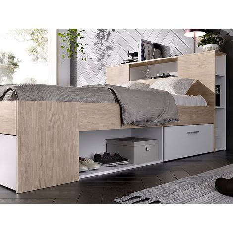 Lit avec tête de lit rangements et tiroirs - 160 x 200 cm - Coloris : Naturel et blanc + Sommier - LEANDRE (1/4)