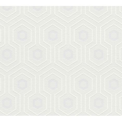 Papier peint géométrique blanc 10,05 x 0,53 m Tapisserie moderne aspect 3D Papier peint intissé à hexagones idéal pour cuisine (1/4)