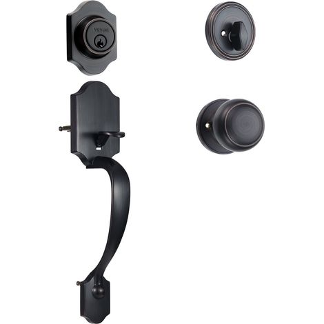 Poignee de porte entree avec serrure mortaise bouton interieur ajustable cylindre simple bronze huile gauche droite (1/5)