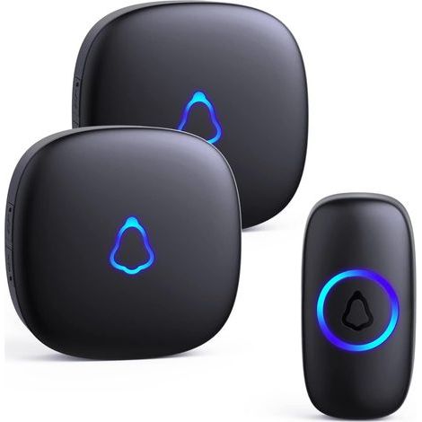 Wasserdichte, kabellose Außentürklingel mit 2 Empfängern + 1 batteriebetriebenem Sender, 58 Klingelmelodien, 5 Lautstärkestufen (120 dB), LED, 300 m Reichweite, geeignet für Haus und Wohnung, Schwarz (1/5)