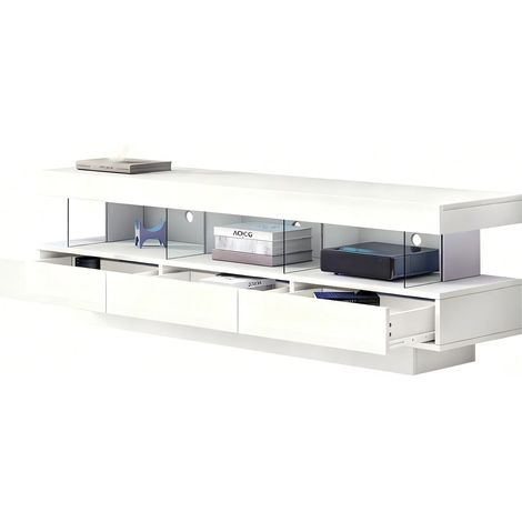 Meuble TV 170×35×50cm Blanc, Pieds et Poignées Dorés, Portes à Rainures & Verre Bombé, Charge 35kg (1/5)