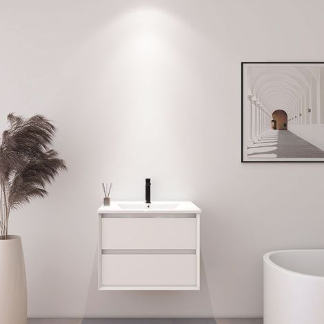 DILECI - Meuble suspendu avec vasque intégrée blanc et deux tiroirs en largeur 60 cm (1/5)