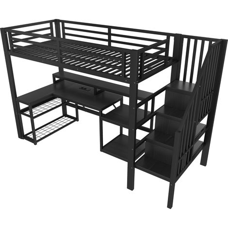 Hochbett 90 x 200 cm aus Metall, schwarz, mit Schreibtisch, Regalen, Treppe, LED und USB (1/5)