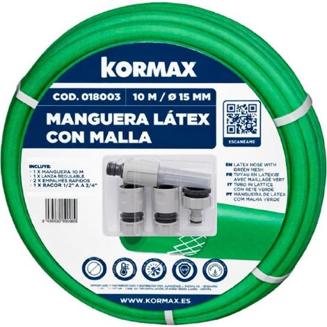 KORMAX manguera latex malla 15 mm + accesorios , Kit Manguera de Látex con Malla para Riego 15 mm Kormax.
- Kit completo de manguera de látex reforzada con malla para riego de jard (1/2)