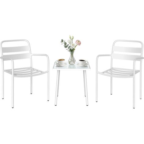 Bistroset 3 teiliges Metall Gartenmöbel-Set mit 2 Gartenstühlen, Glastisch, Lamellen-Design, Rostbeständig