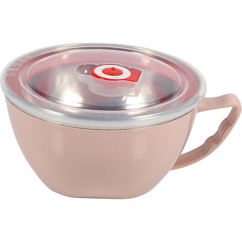 Bol À Nouilles Inox Double Couche - Isolation Thermique Avec Poignée Et Couvercle - Pour Cuisine Et Pique-Nique - 900ml Rose